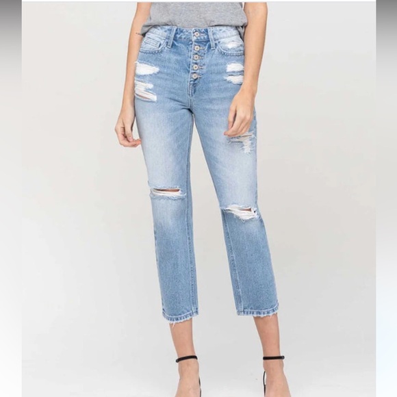 VERVET BY FLYING MONKEY Denim - Vervet Light Wash Super High Rise Distressed Cropped Jeans Sz29